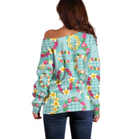 Hawaiian Leis Off Shoulder Sweater Kakau Tattoos and Palaka Pastel Teal Color