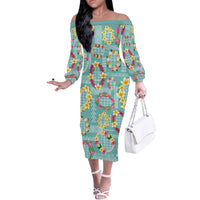 Hawaiian Leis Off The Shoulder Long Sleeve Dress Kakau Tattoos and Palaka Pastel Teal Color
