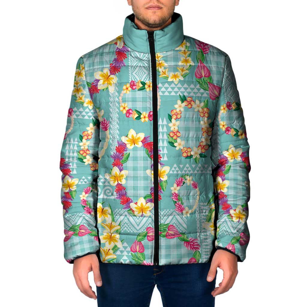 Hawaiian Leis Padded Jacket Kakau Tattoos and Palaka Pastel Teal Color