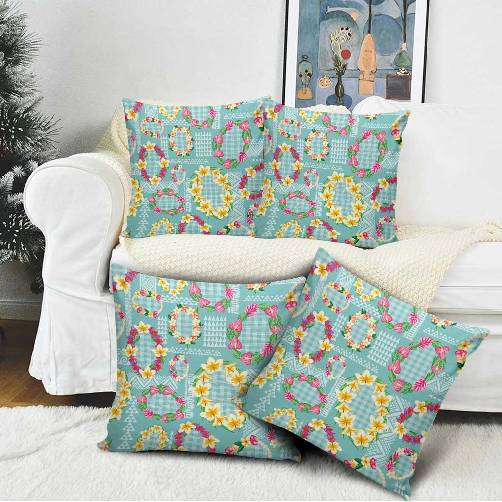 Hawaiian Leis Pillow Cover Kakau Tattoos and Palaka Pastel Teal Color