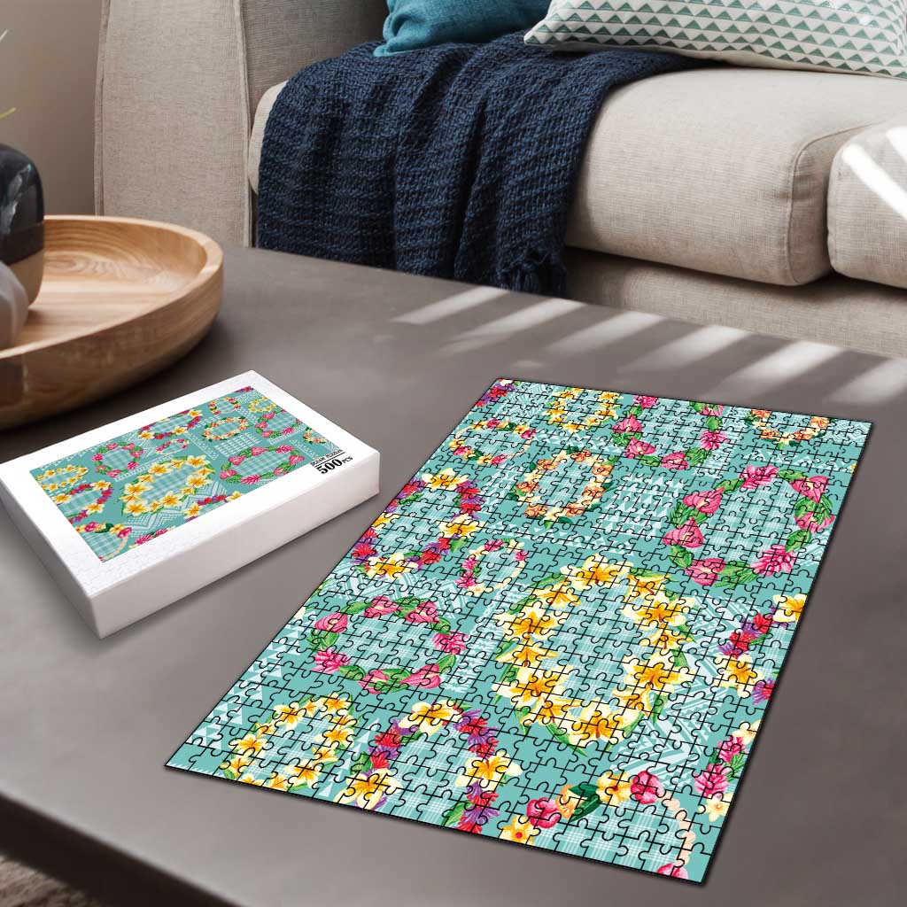 Hawaiian Leis Puzzle Kakau Tattoos and Palaka Pastel Teal Color