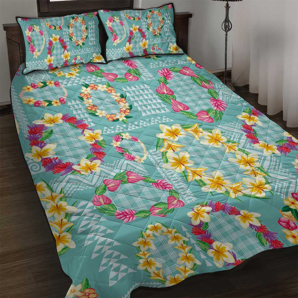 Hawaiian Leis Quilt Bed Set Kakau Tattoos and Palaka Pastel Teal Color