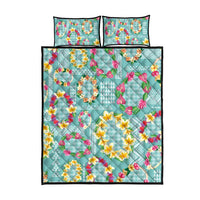 Hawaiian Leis Quilt Bed Set Kakau Tattoos and Palaka Pastel Teal Color