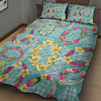 Hawaiian Leis Quilt Bed Set Kakau Tattoos and Palaka Pastel Teal Color
