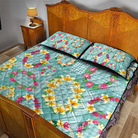 Hawaiian Leis Quilt Bed Set Kakau Tattoos and Palaka Pastel Teal Color