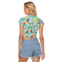 Hawaiian Leis Raglan Cropped T Shirt Kakau Tattoos and Palaka Pastel Teal Color