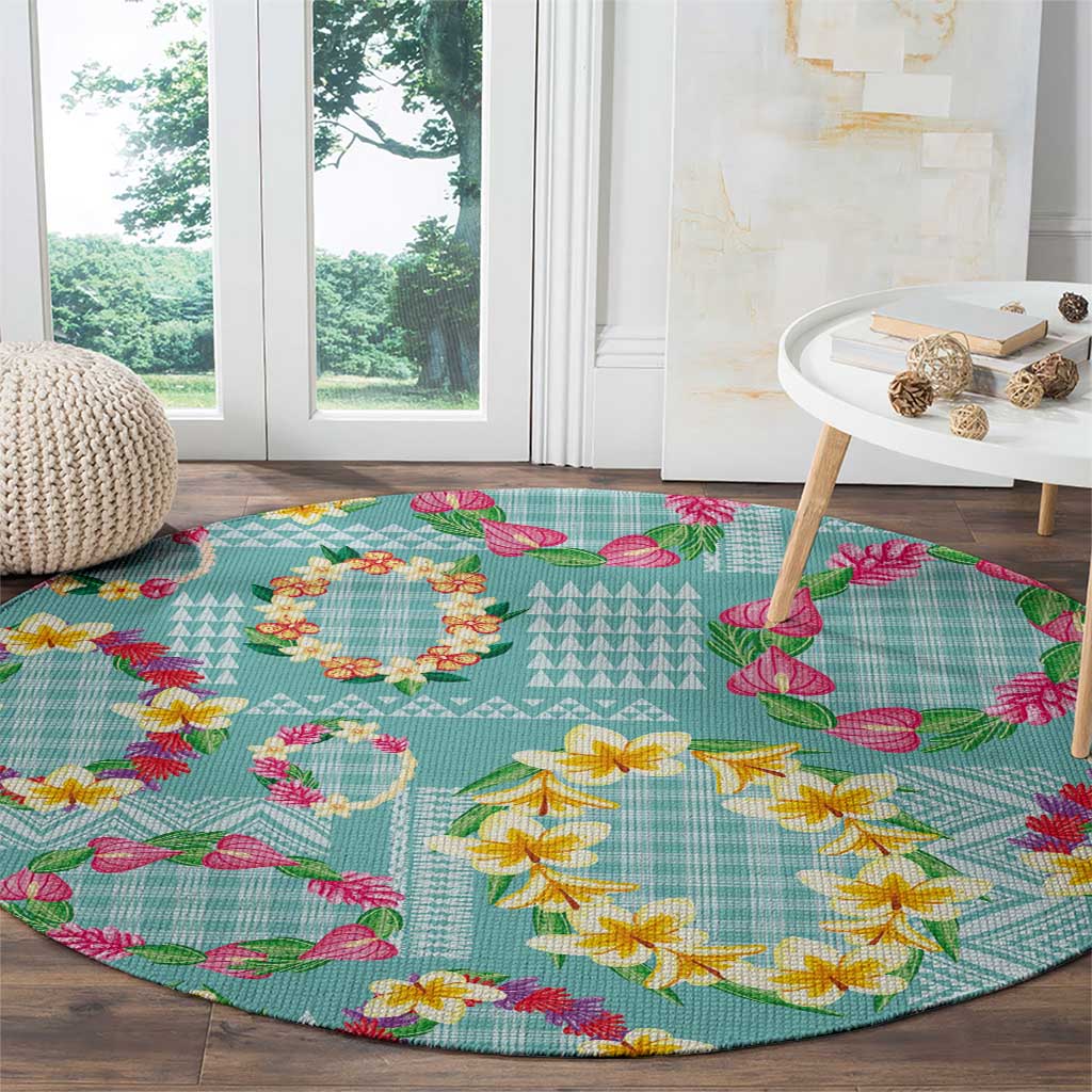 Hawaiian Leis Round Carpet Kakau Tattoos and Palaka Pastel Teal Color