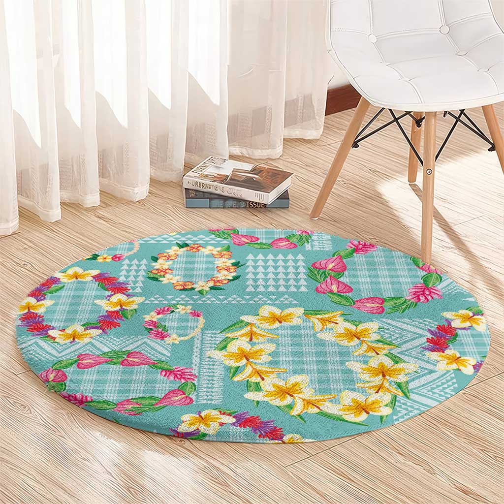 Hawaiian Leis Round Carpet Kakau Tattoos and Palaka Pastel Teal Color