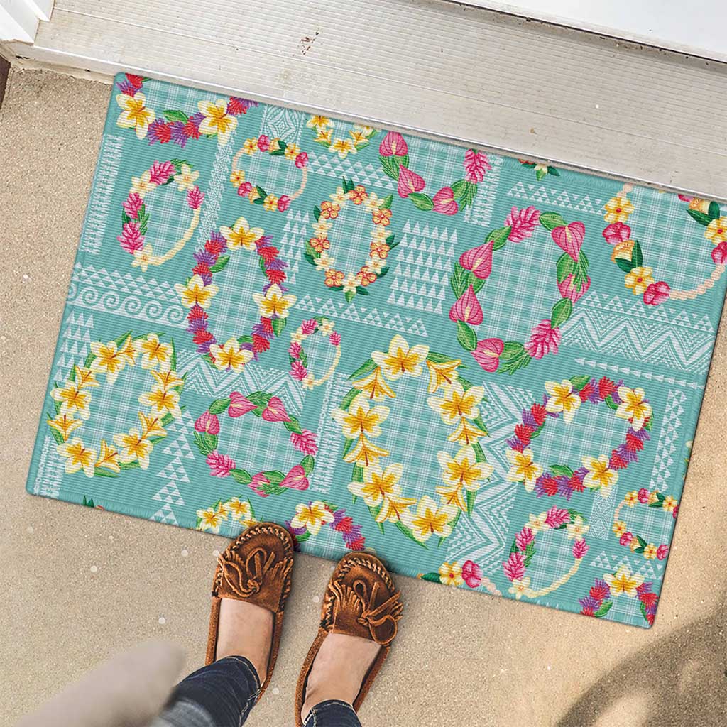 Hawaiian Leis Rubber Doormat Kakau Tattoos and Palaka Pastel Teal Color