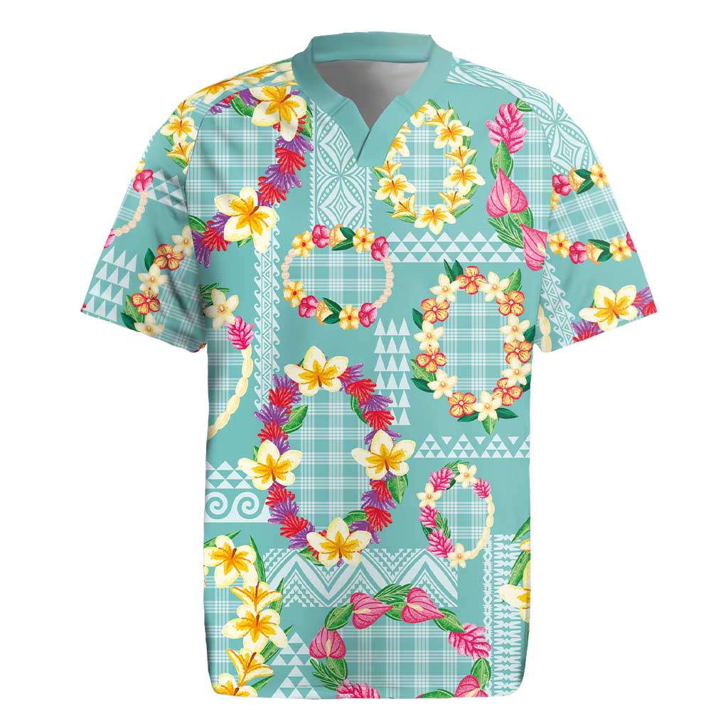 Hawaiian Leis Rugby Jersey Kakau Tattoos and Palaka Pastel Teal Color
