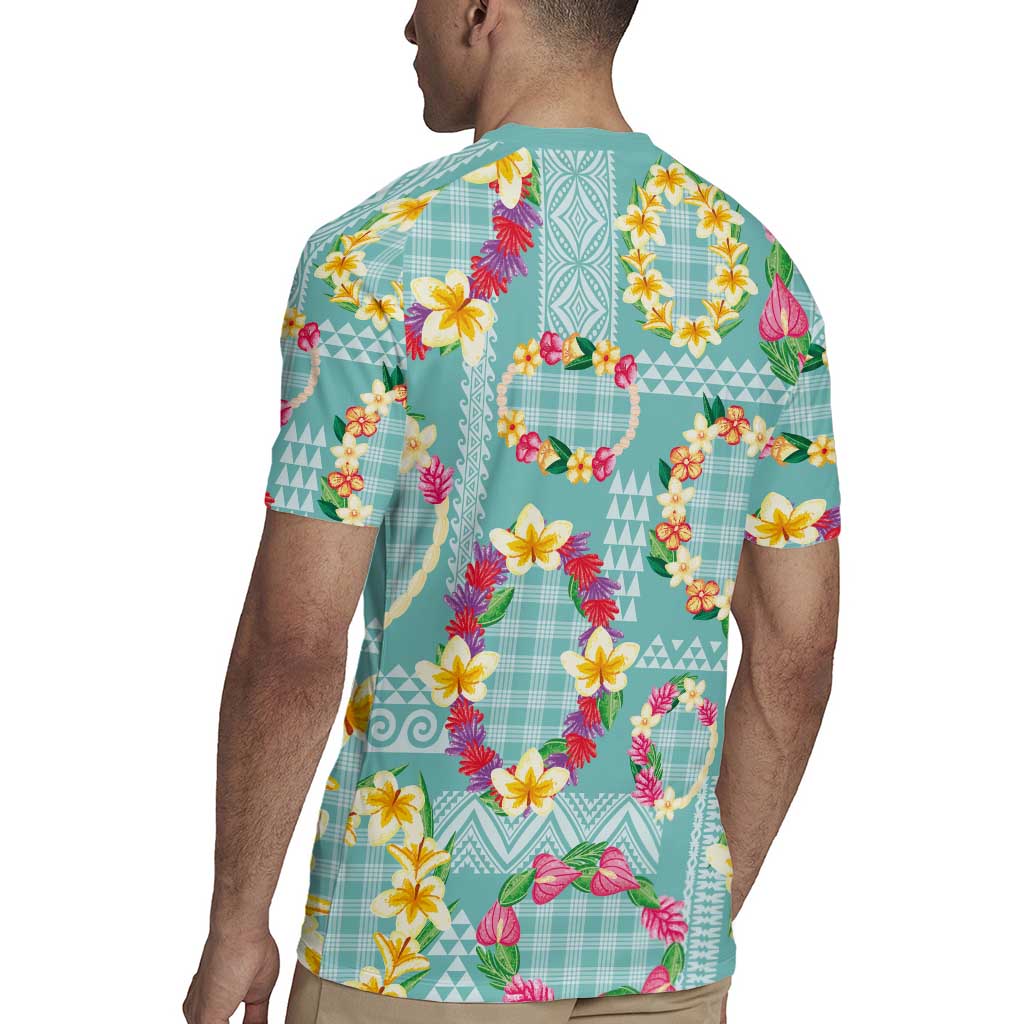 Hawaiian Leis Rugby Jersey Kakau Tattoos and Palaka Pastel Teal Color