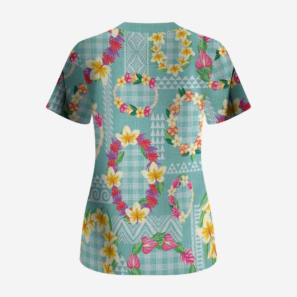 Hawaiian Leis Scrub Top Kakau Tattoos and Palaka Pastel Teal Color