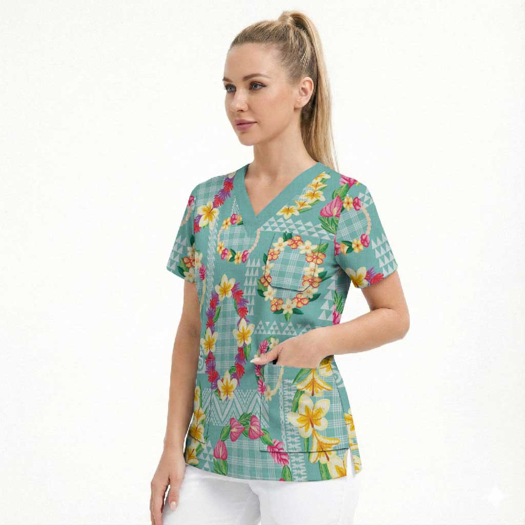 Hawaiian Leis Scrub Top Kakau Tattoos and Palaka Pastel Teal Color