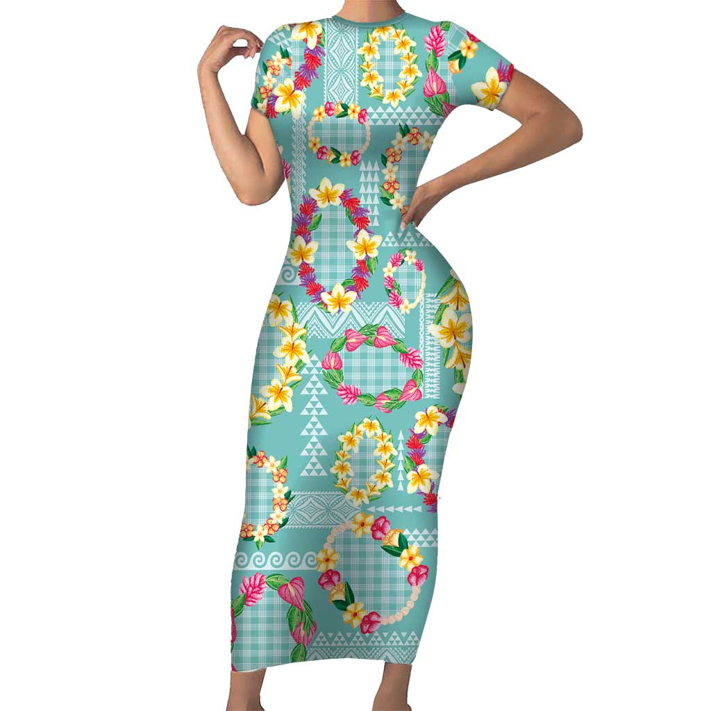 Hawaiian Leis Short Sleeve Bodycon Dress Kakau Tattoos and Palaka Pastel Teal Color