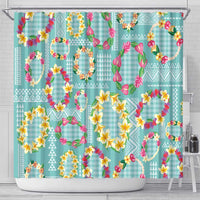 Hawaiian Leis Shower Curtain Kakau Tattoos and Palaka Pastel Teal Color