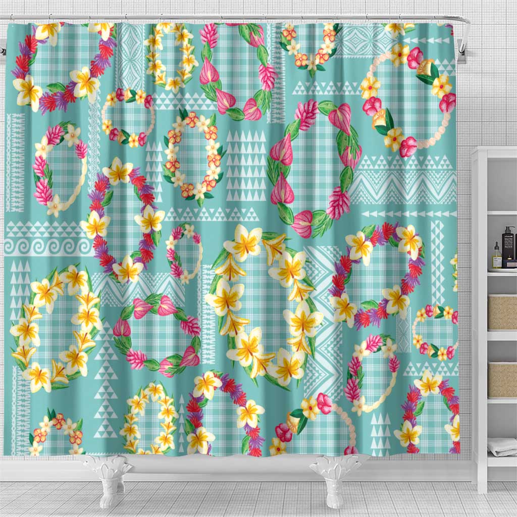 Hawaiian Leis Shower Curtain Kakau Tattoos and Palaka Pastel Teal Color