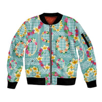 Hawaiian Leis Sleeve Zip Bomber Jacket Kakau Tattoos and Palaka Pastel Teal Color