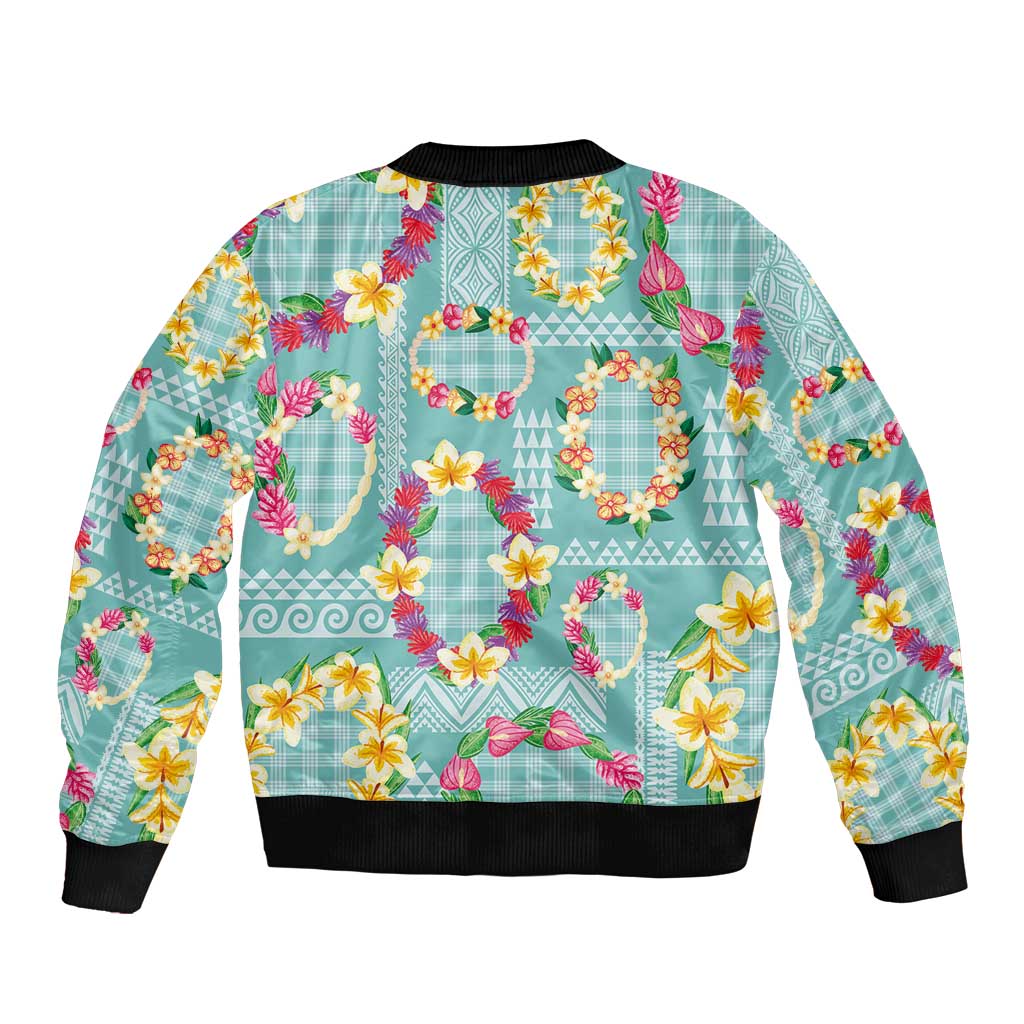 Hawaiian Leis Sleeve Zip Bomber Jacket Kakau Tattoos and Palaka Pastel Teal Color