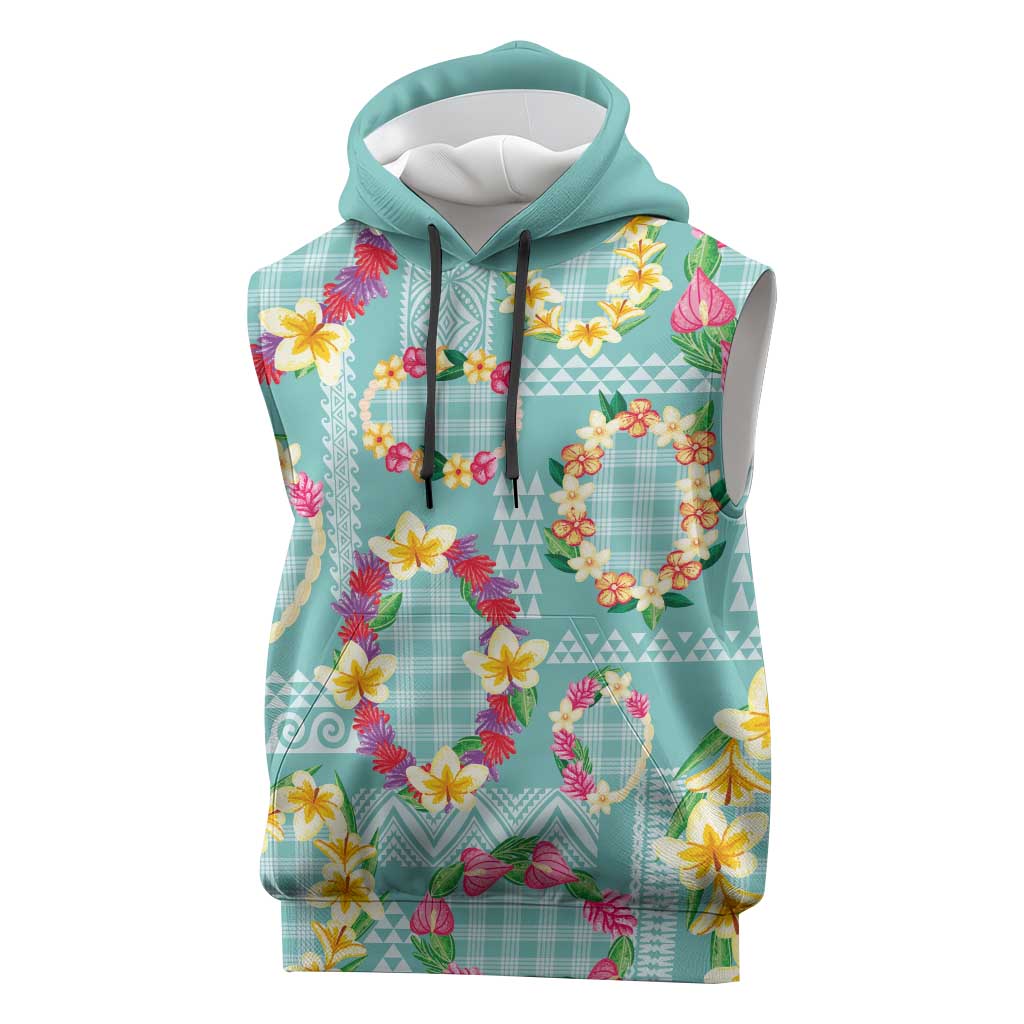 Hawaiian Leis Sleeveless Hoodie Kakau Tattoos and Palaka Pastel Teal Color