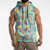 Hawaiian Leis Sleeveless Hoodie Kakau Tattoos and Palaka Pastel Teal Color