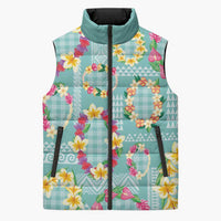 Hawaiian Leis Sleeveless Puffer Jacket Kakau Tattoos and Palaka Pastel Teal Color