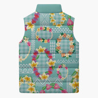 Hawaiian Leis Sleeveless Puffer Jacket Kakau Tattoos and Palaka Pastel Teal Color