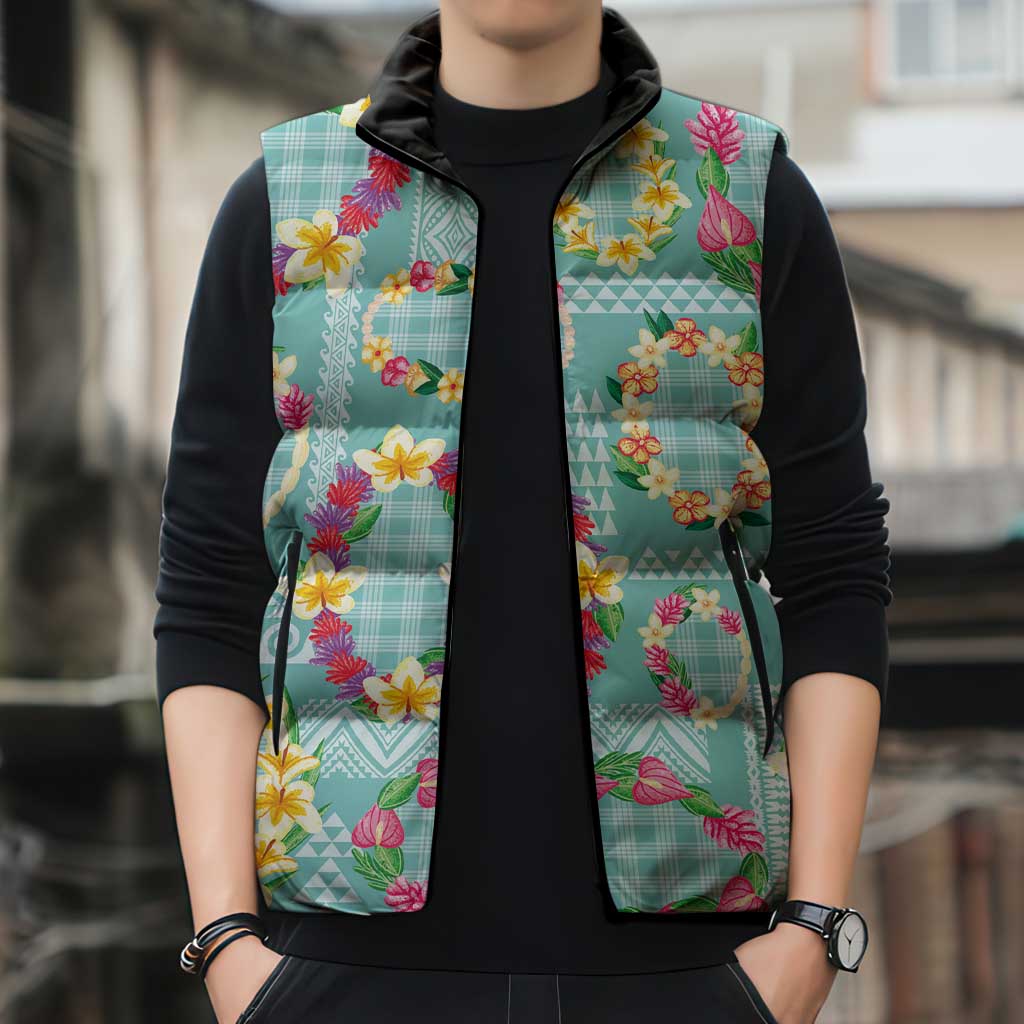 Hawaiian Leis Sleeveless Puffer Jacket Kakau Tattoos and Palaka Pastel Teal Color