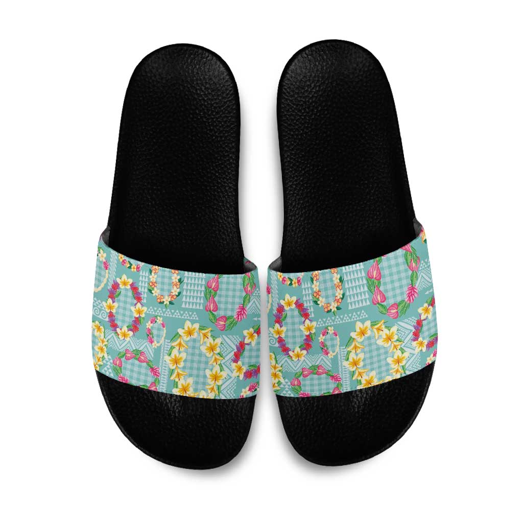 Hawaiian Leis Slide Sandals Kakau Tattoos and Palaka Pastel Teal Color