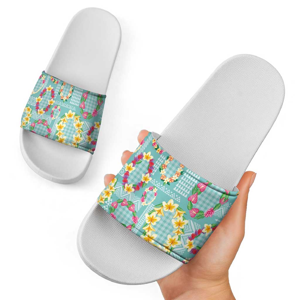 Hawaiian Leis Slide Sandals Kakau Tattoos and Palaka Pastel Teal Color