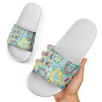 Hawaiian Leis Slide Sandals Kakau Tattoos and Palaka Pastel Teal Color