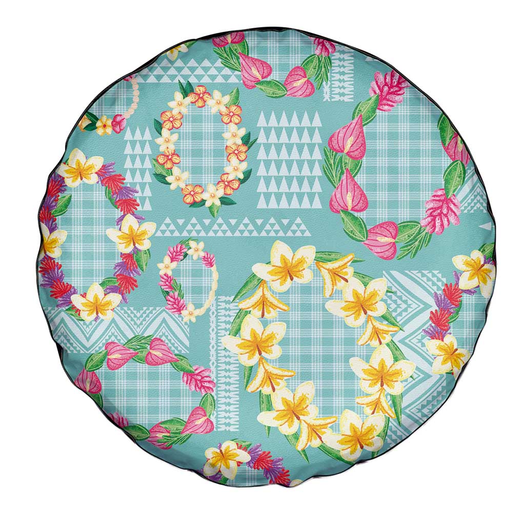Hawaiian Leis Spare Tire Cover Kakau Tattoos and Palaka Pastel Teal Color