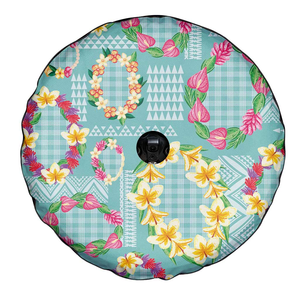 Hawaiian Leis Spare Tire Cover Kakau Tattoos and Palaka Pastel Teal Color