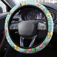 Hawaiian Leis Steering Wheel Cover Kakau Tattoos and Palaka Pastel Teal Color