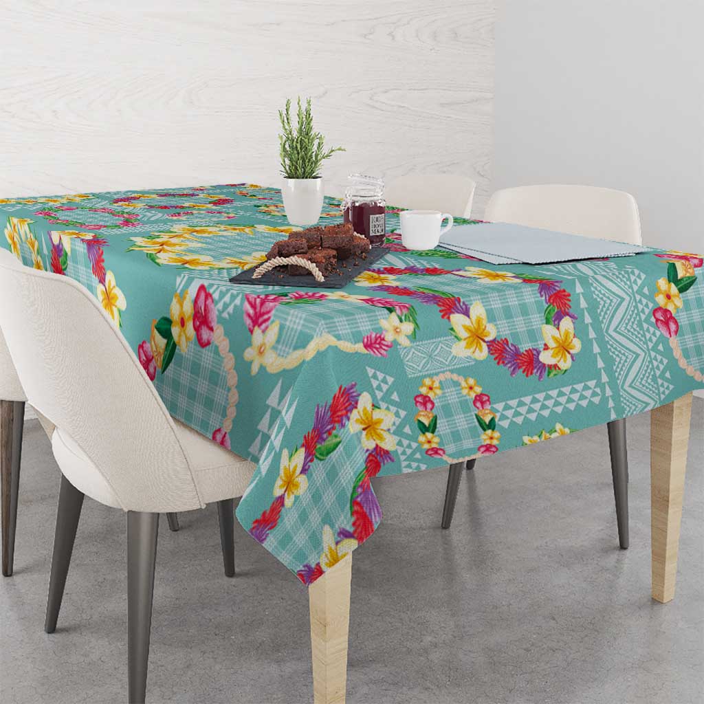 Hawaiian Leis Tablecloth Kakau Tattoos and Palaka Pastel Teal Color
