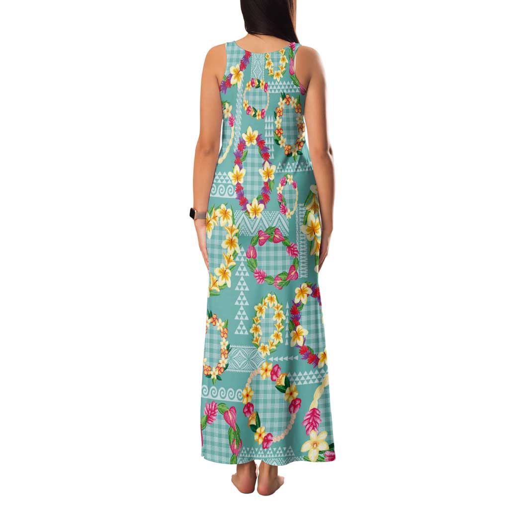 Hawaiian Leis Tank Maxi Dress Kakau Tattoos and Palaka Pastel Teal Color