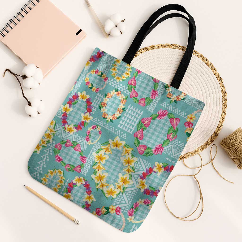 Hawaiian Leis Tote Bag Kakau Tattoos and Palaka Pastel Teal Color