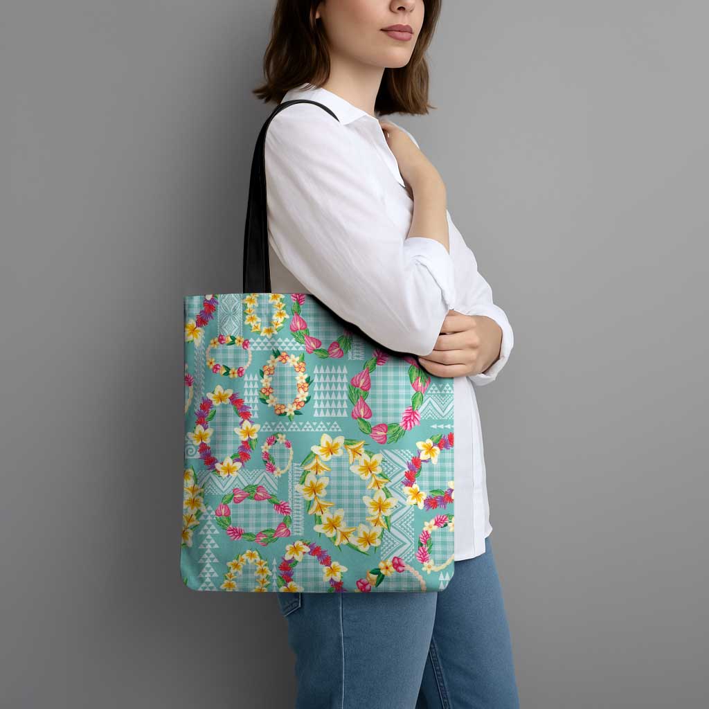 Hawaiian Leis Tote Bag Kakau Tattoos and Palaka Pastel Teal Color