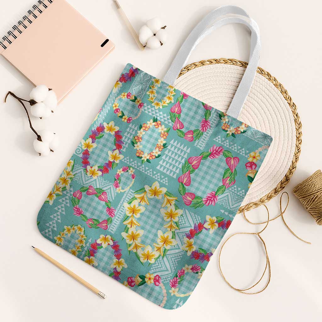 Hawaiian Leis Tote Bag Kakau Tattoos and Palaka Pastel Teal Color