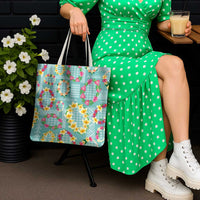 Hawaiian Leis Tote Bag Kakau Tattoos and Palaka Pastel Teal Color
