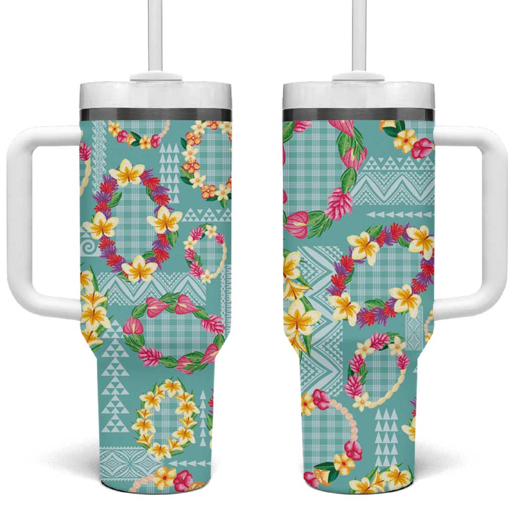 Hawaiian Leis Tumbler With Handle Kakau Tattoos and Palaka Pastel Teal Color