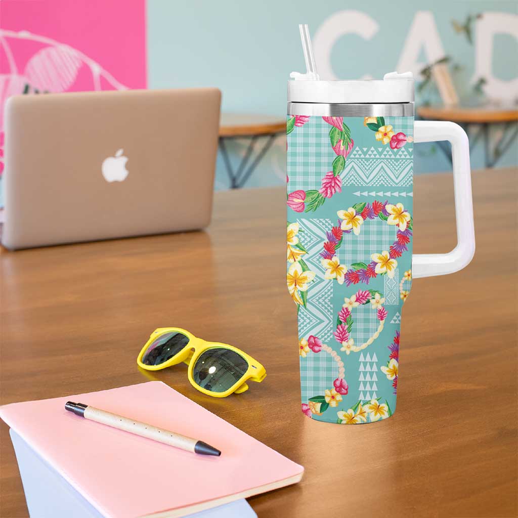 Hawaiian Leis Tumbler With Handle Kakau Tattoos and Palaka Pastel Teal Color