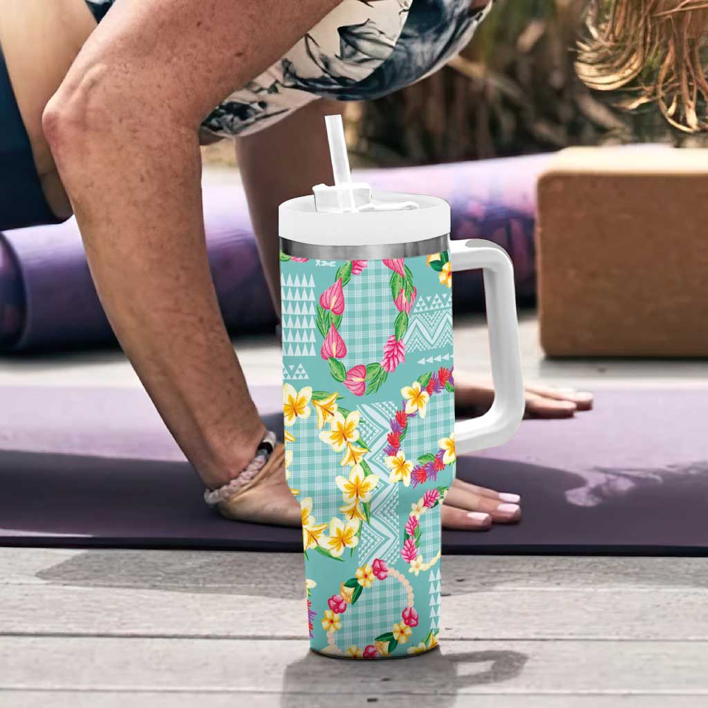 Hawaiian Leis Tumbler With Handle Kakau Tattoos and Palaka Pastel Teal Color