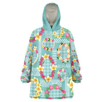Hawaiian Leis Wearable Blanket Hoodie Kakau Tattoos and Palaka Pastel Teal Color