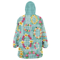 Hawaiian Leis Wearable Blanket Hoodie Kakau Tattoos and Palaka Pastel Teal Color