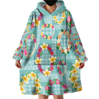 Hawaiian Leis Wearable Blanket Hoodie Kakau Tattoos and Palaka Pastel Teal Color