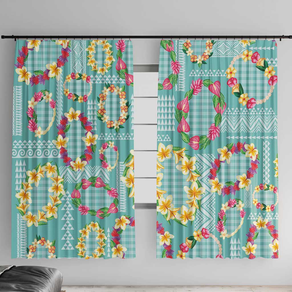 Hawaiian Leis Window Curtain Kakau Tattoos and Palaka Pastel Teal Color