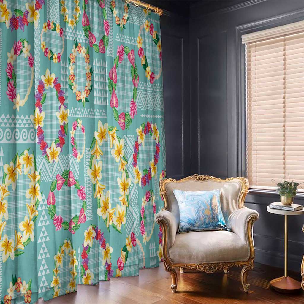 Hawaiian Leis Window Curtain Kakau Tattoos and Palaka Pastel Teal Color