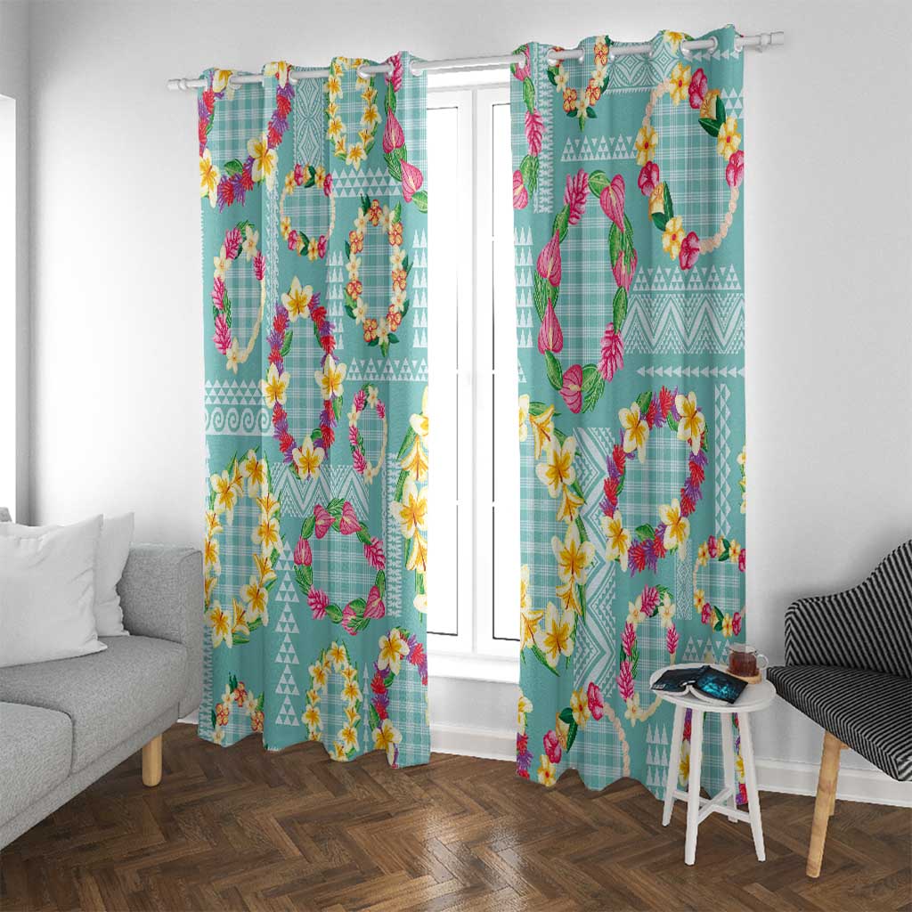 Hawaiian Leis Window Curtain Kakau Tattoos and Palaka Pastel Teal Color