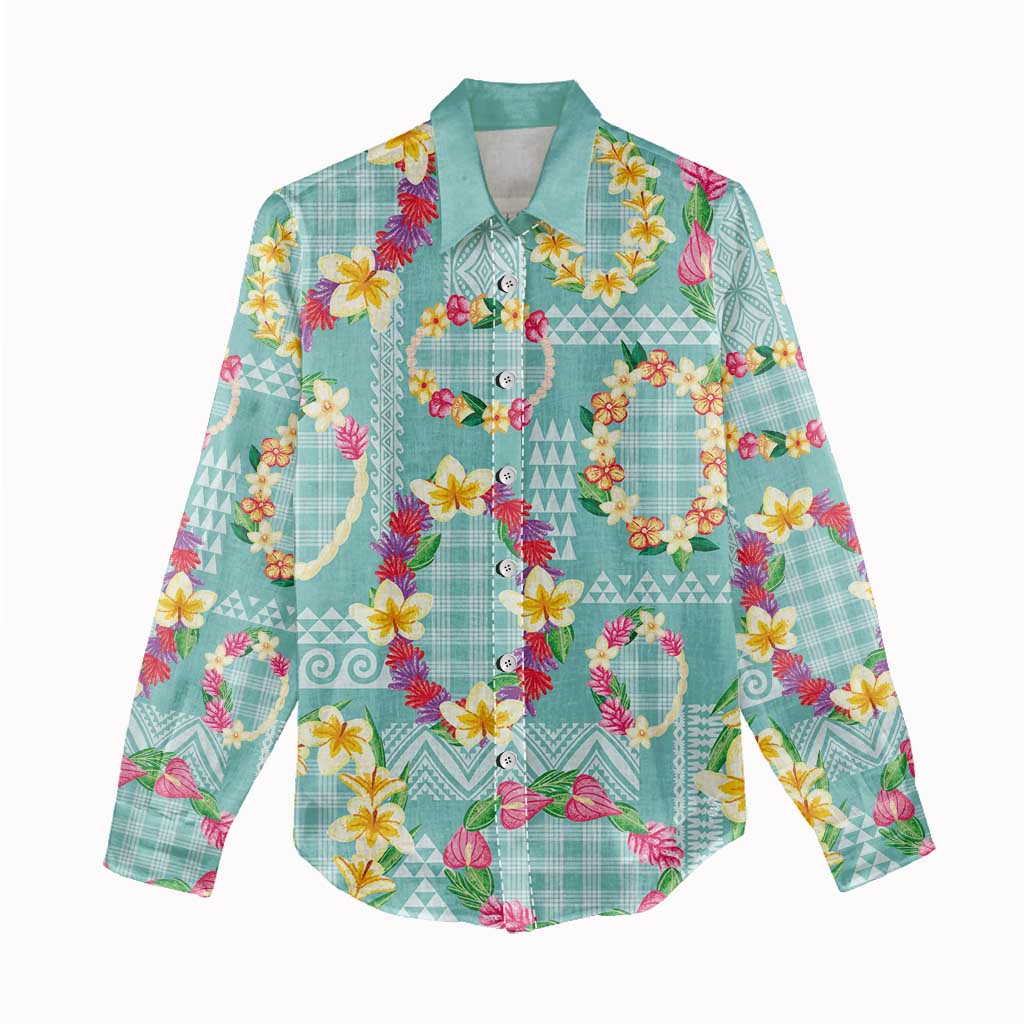 Hawaiian Leis Women Casual Shirt Kakau Tattoos and Palaka Pastel Teal Color