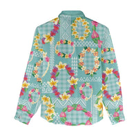 Hawaiian Leis Women Casual Shirt Kakau Tattoos and Palaka Pastel Teal Color